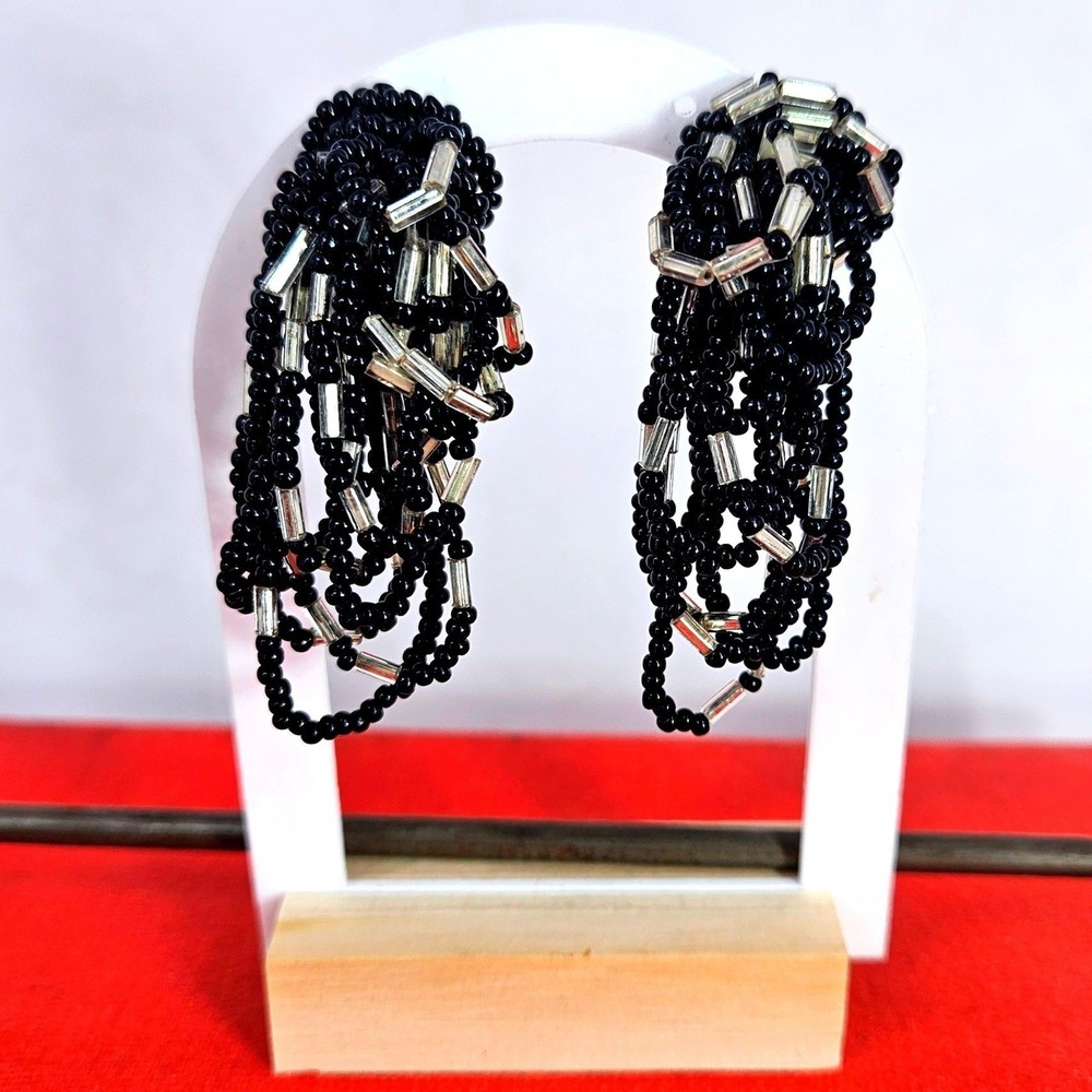 Vintage Black Silver Seed Bead‎ Waterfall Tassel Cluster Clip On Earrings 2"